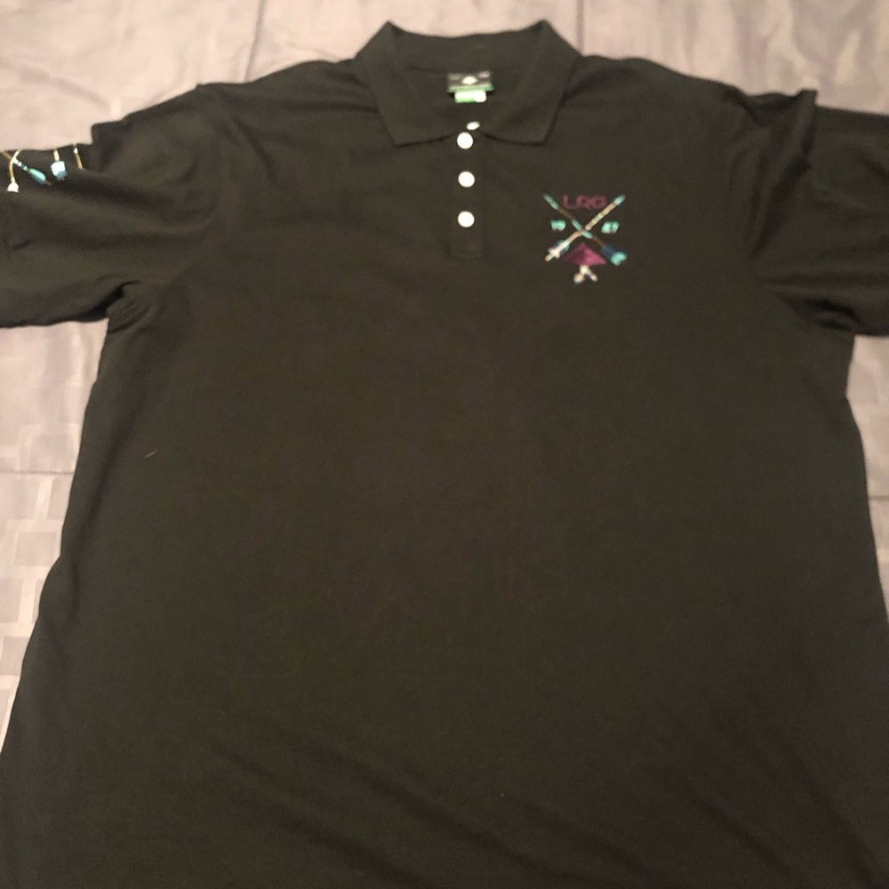 Lifted Research Group black polo style shirt…multicolored bow & arrow accents
